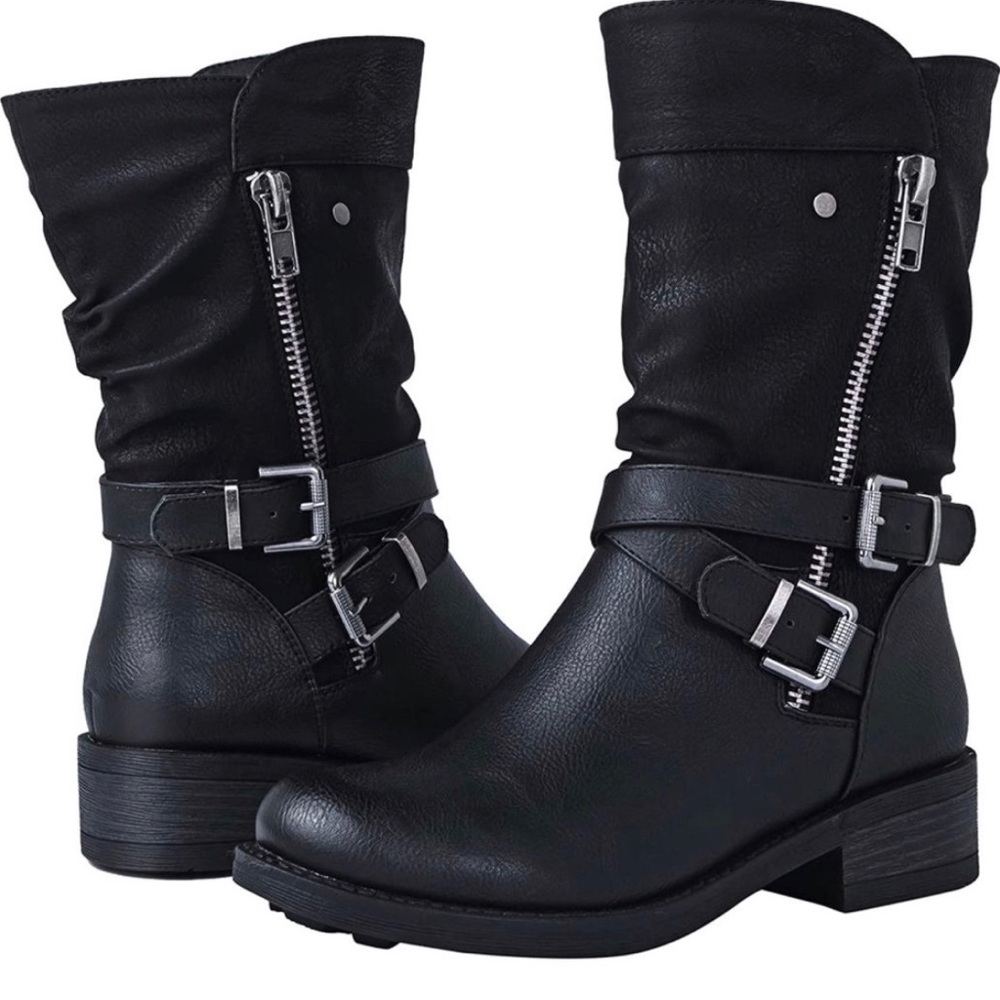 MID CALF ZIPPER BUCKLED MOTORCYCLE BOOTS